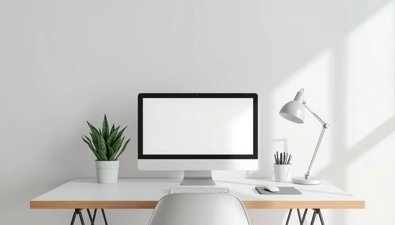 A minimalist workspace with a desk, monitor, plant, and lamp arranged in a calm setting