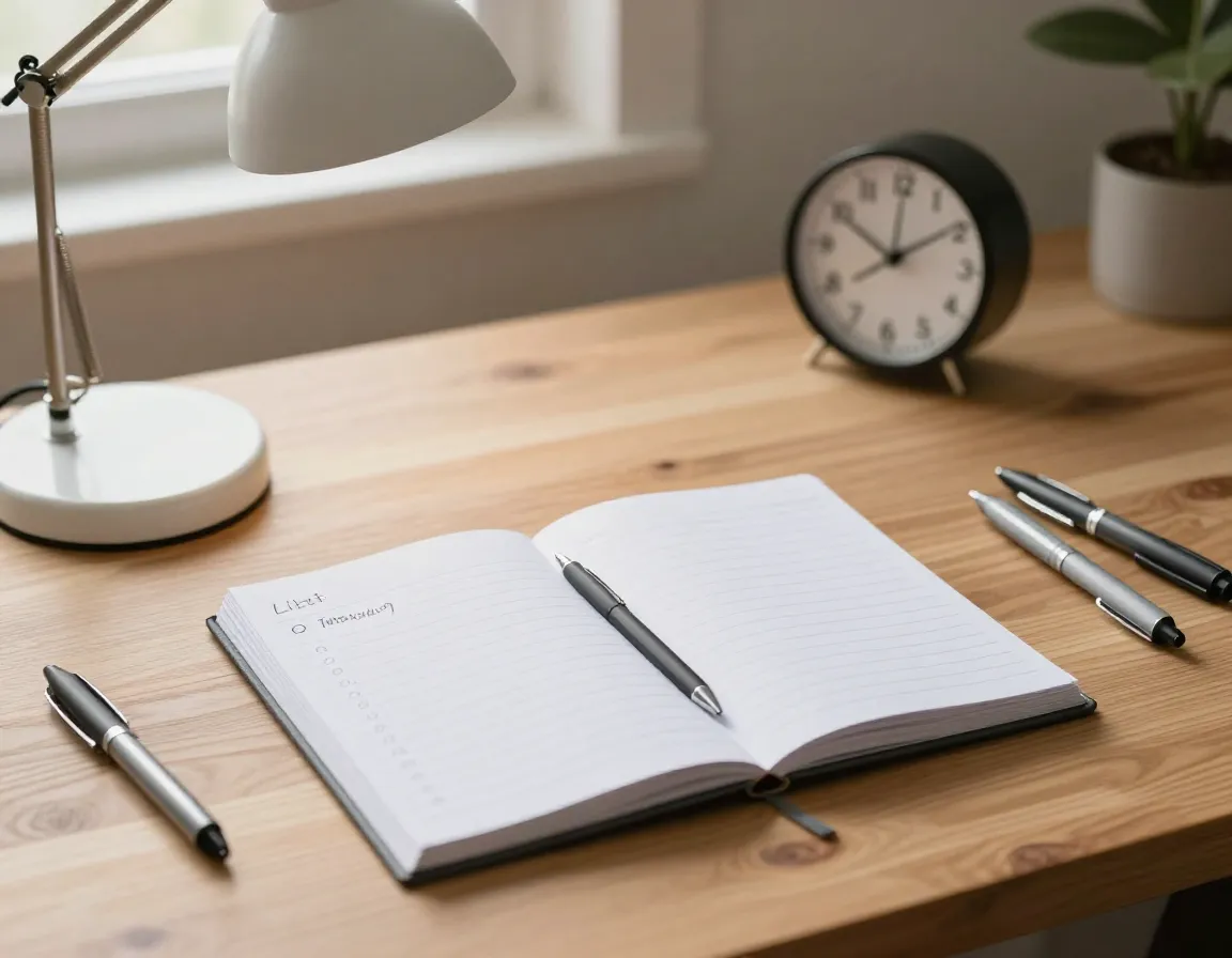 A focused workspace with notebook, checklist, desk lamp, and clock representing productivity